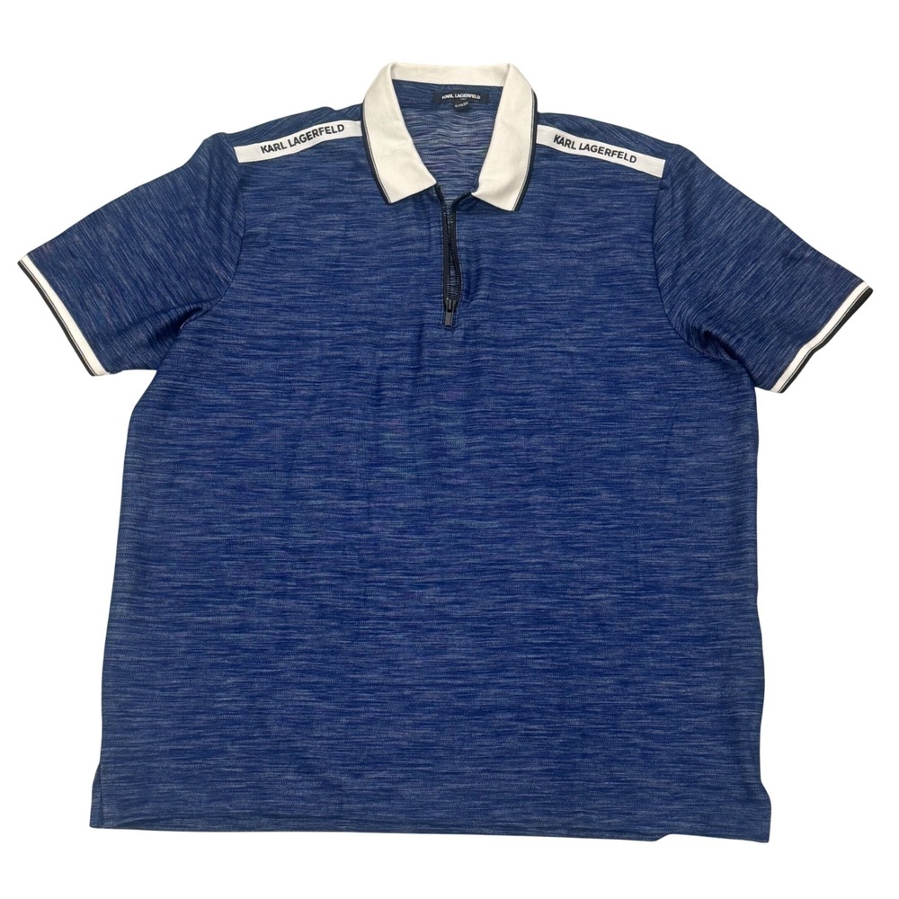 Karl Lagerfeld Quarter Zip Golf Polo Mens XL Heathered Blue Space Dye‎ Logo Tape